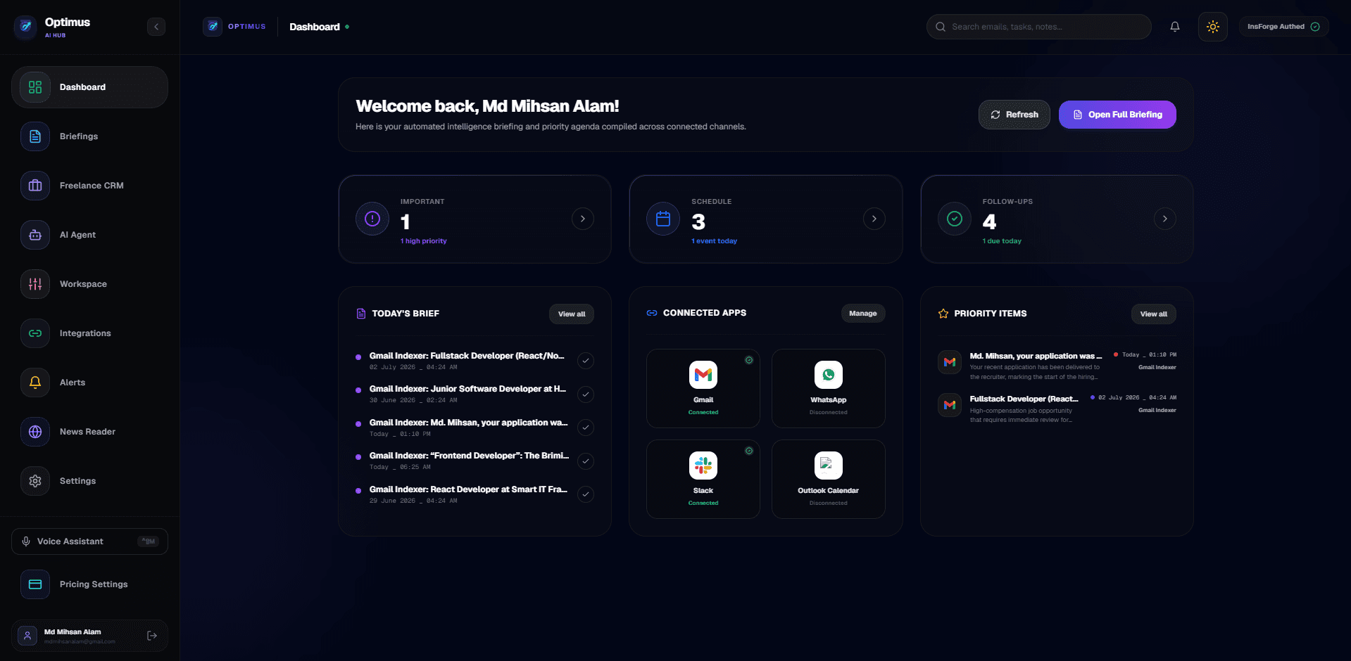 Optimus AI workspace dashboard UI screenshot